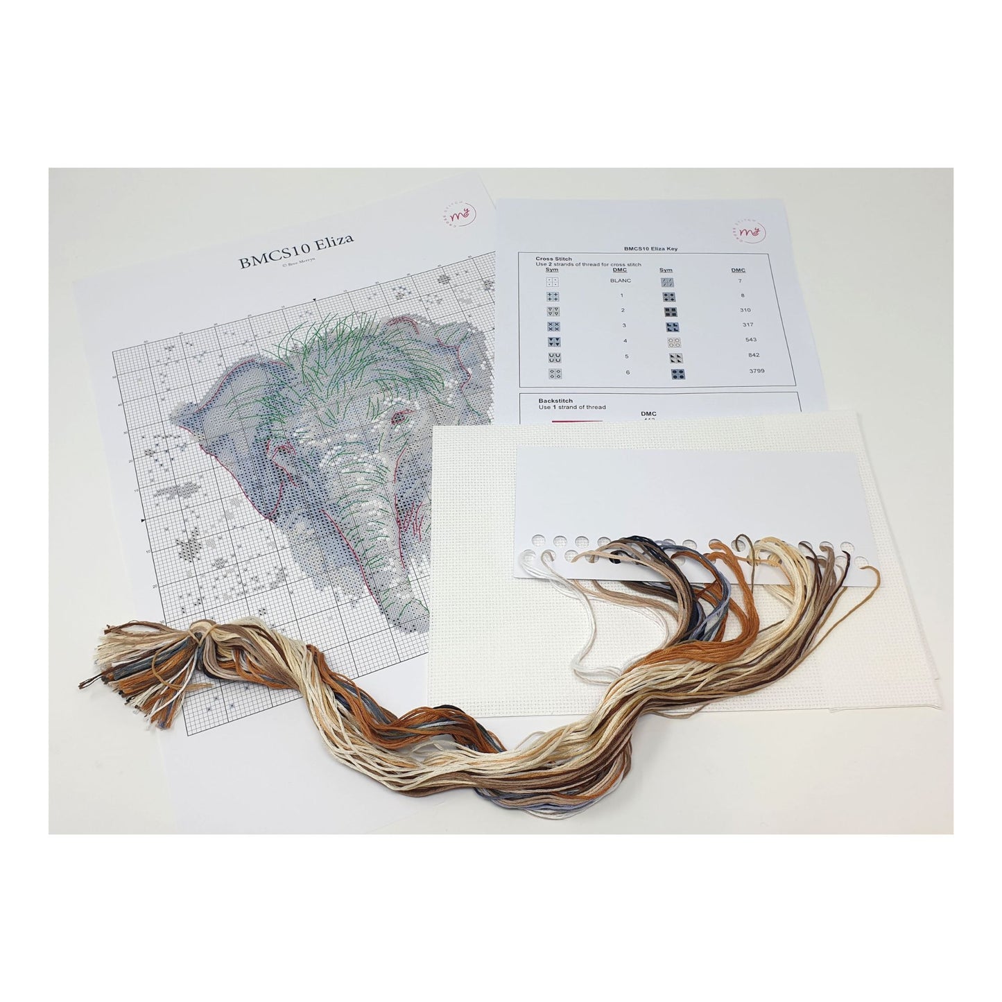 Contents of elephant cross stitch kit designed by Bree Merryn