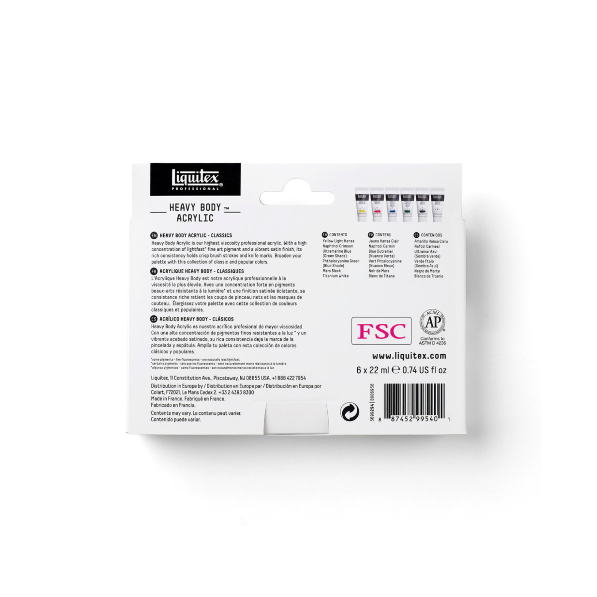 Liquitex heavy body acrylic set of 6 x 22ml paint tubes. Back of the box.