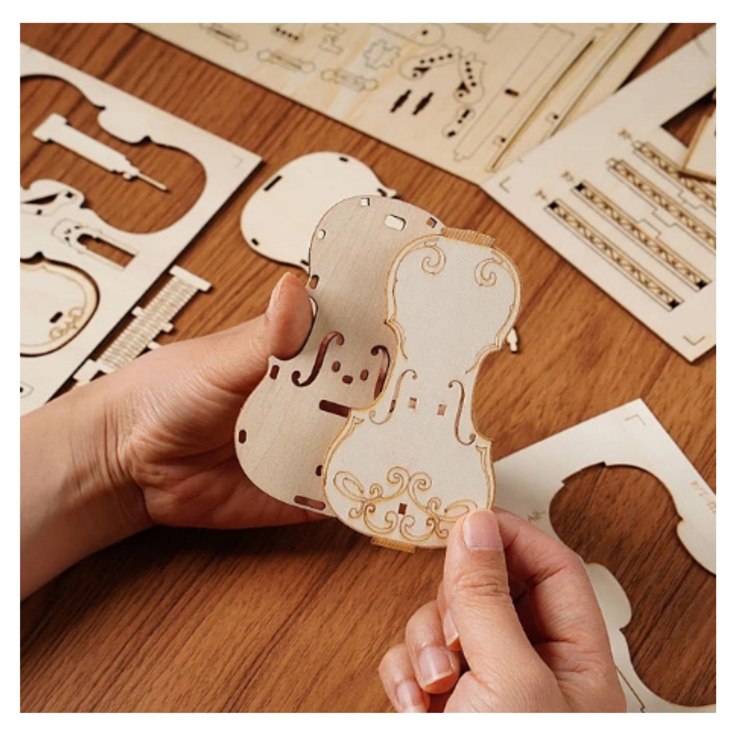 Rolife 3D wooden puzzle cello product in use