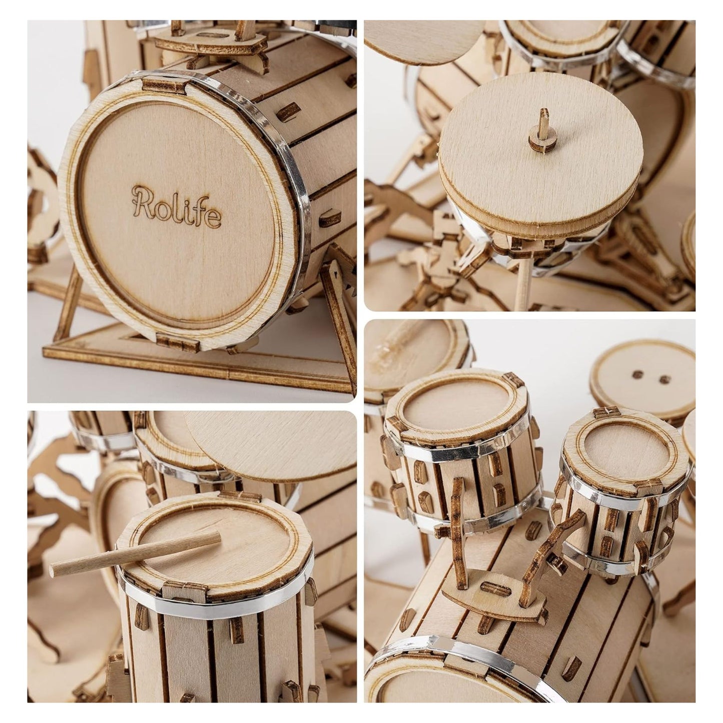 Rolife 3D wooden puzzle drum kit close up of details