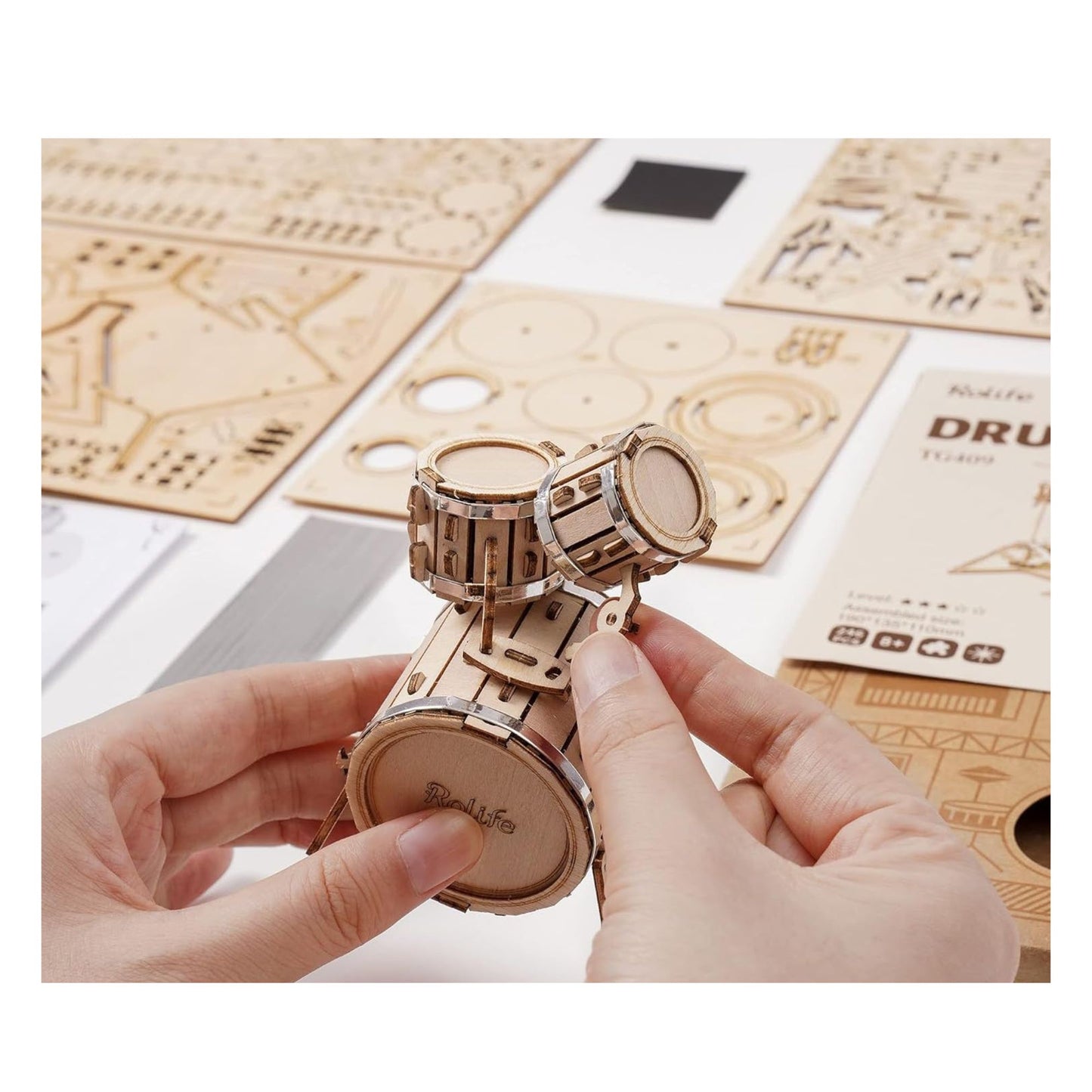 Rolife 3D wooden puzzle drum kit product in use