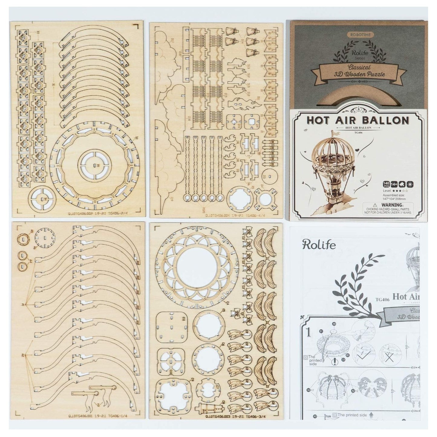 Rolife 3D wooden puzzle hot air balloon contents