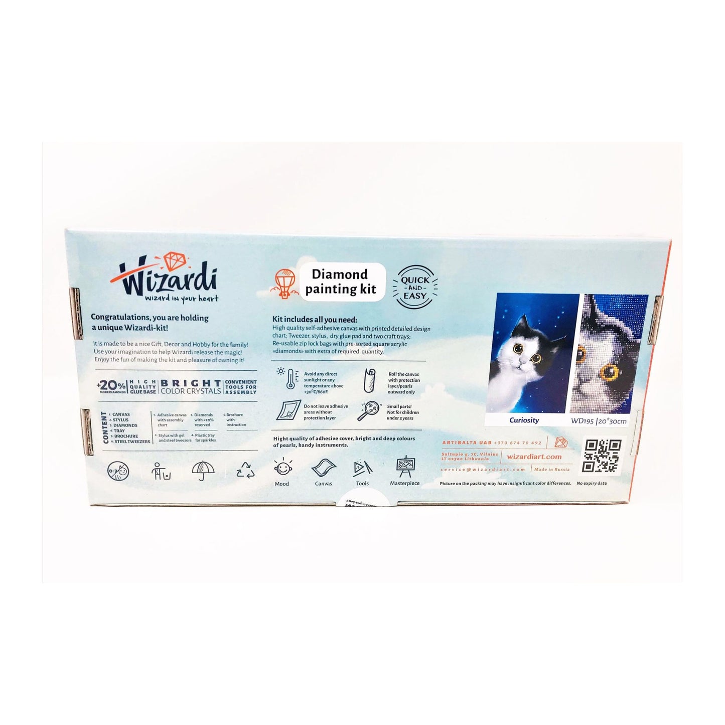 Diamond painting kit from Wizardi. Back of box for Curiosity the cat