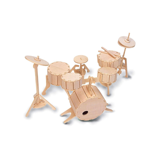 Wooden model drum kit made from Quay woodcraft construction kit.