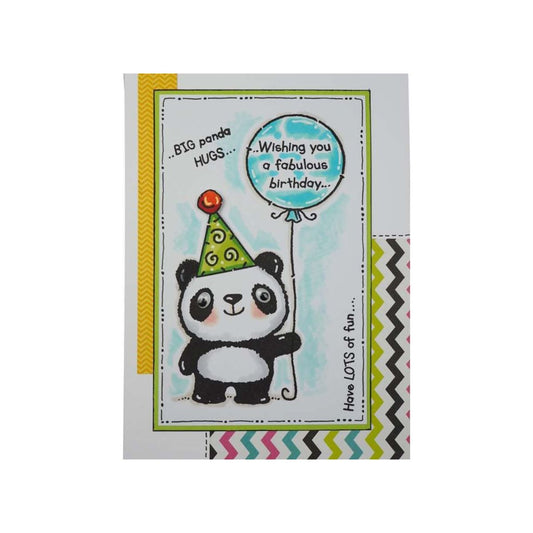 Birthday card with a panda holding a balloon and text on a white background