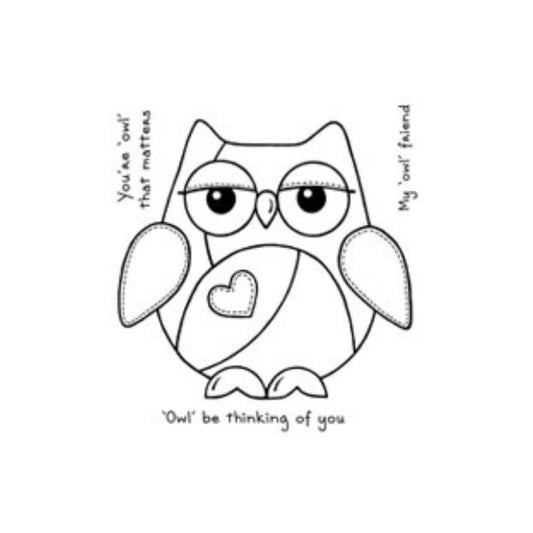Clear stamps of a patchwork owl with a heart and text
