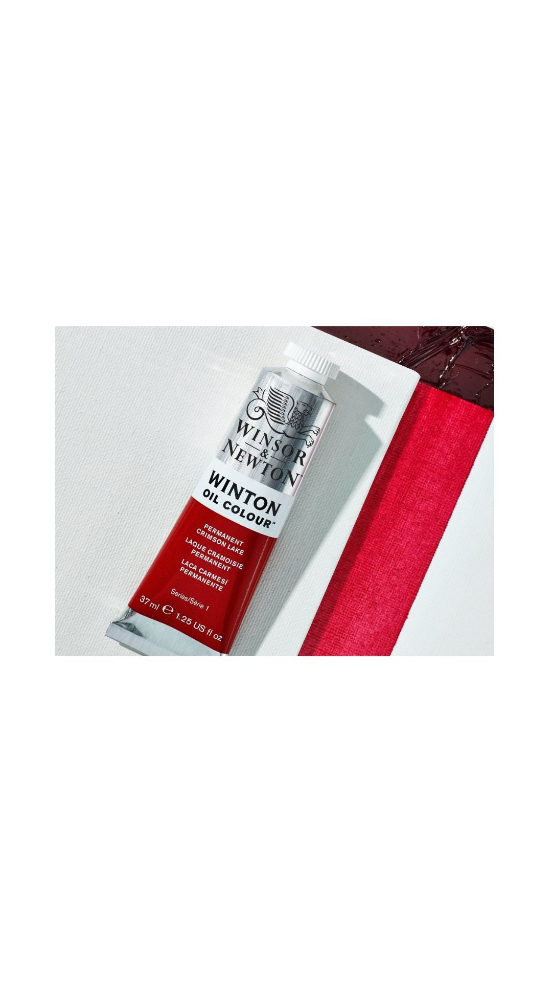 Winsor & Newton Winton oil colour permanent crimson lake paint tube and sample
