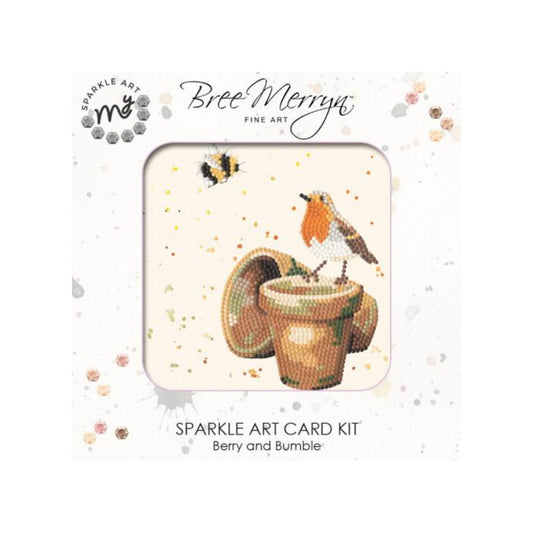 A robin on a flower pot looking at a bee flying by. Diamond art card kit by Bree Merryn.