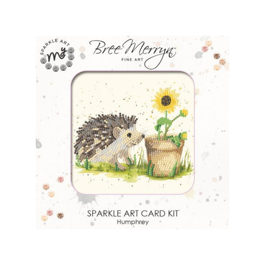 A hedgehog next to a yellow flower in a flower pot. Diamond art card kit by Bree Merryn.