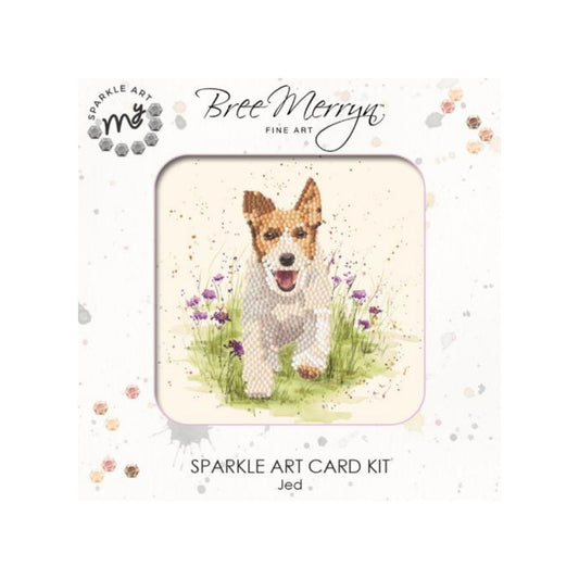 A playful puppy running in a field of purple flowers.  Diamond art card kit by Bree Merryn.
