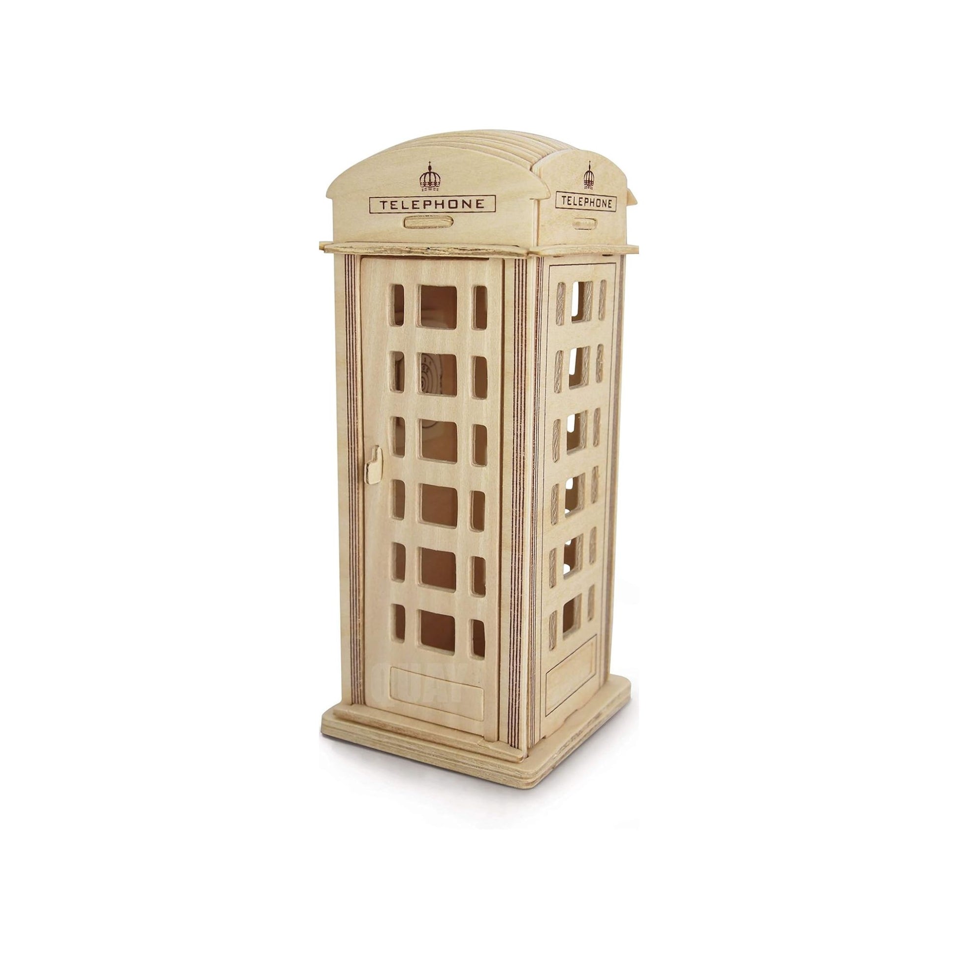 Wooden phone box built from woodcraft construction kit