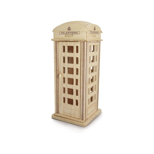 Wooden phone box built from woodcraft construction kit