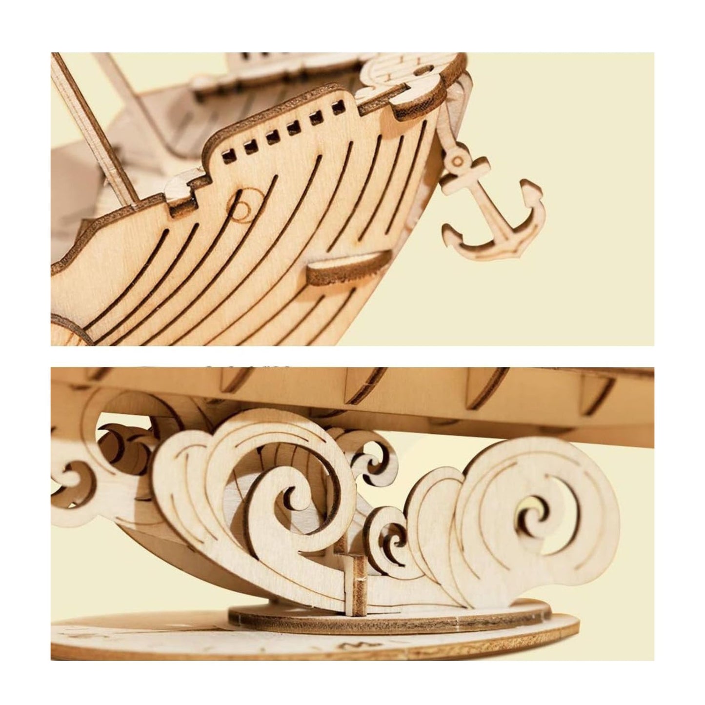 Rolife 3D wooden puzzle fishing ship close up of details