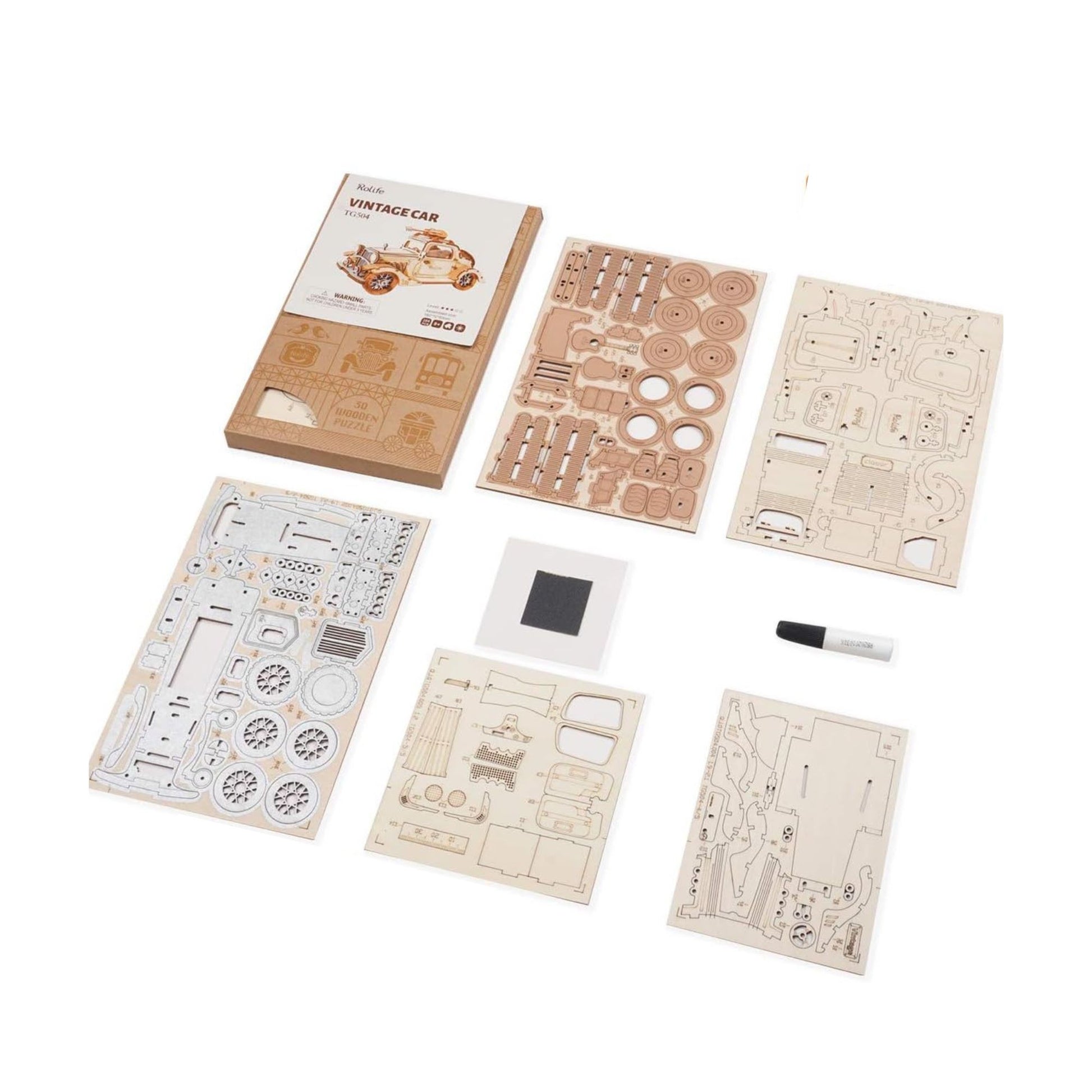 Rolife 3D wooden puzzle vintage car what's inside
