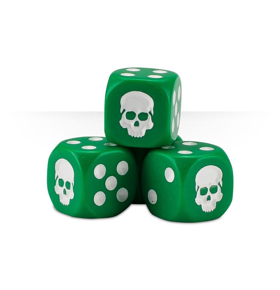 Green Warhammer dice with skulls