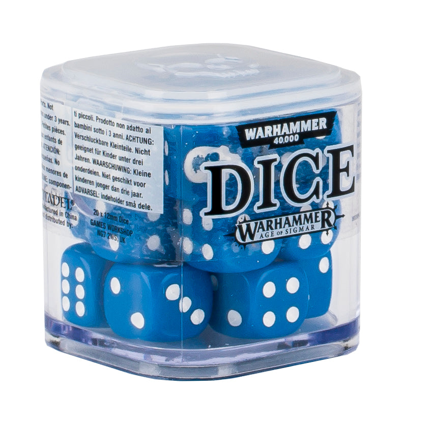 Blue Warhammer dice set in storage cube