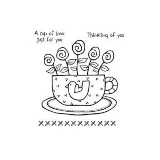 Clear stamps of a teacup with flowers and text 