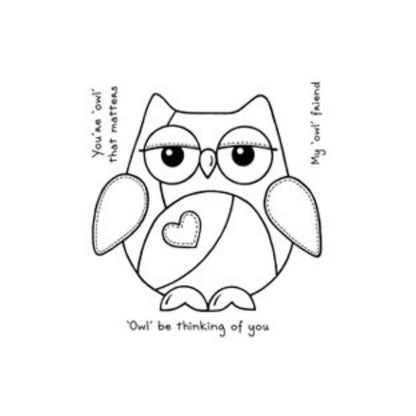 Clear stamps of a patchwork owl with a heart and text